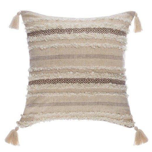 Cuscino jacquard lucido nei toni del beige e 4 pompon 45X45 cm