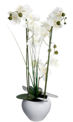 Orquídea artificial en jarrón de cerámica, color blanco, Altura 53 cm