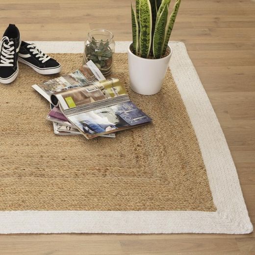 Tapete de juta e algodão com rebordo branco 120X70 cm
