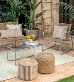 Pouf Moorea D40x30 cm de rayas tejidas de yute y algodón