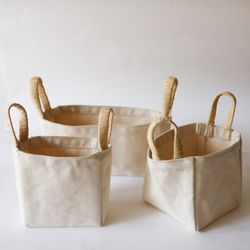 Set de 3 cestas de algodón con asas en rafia